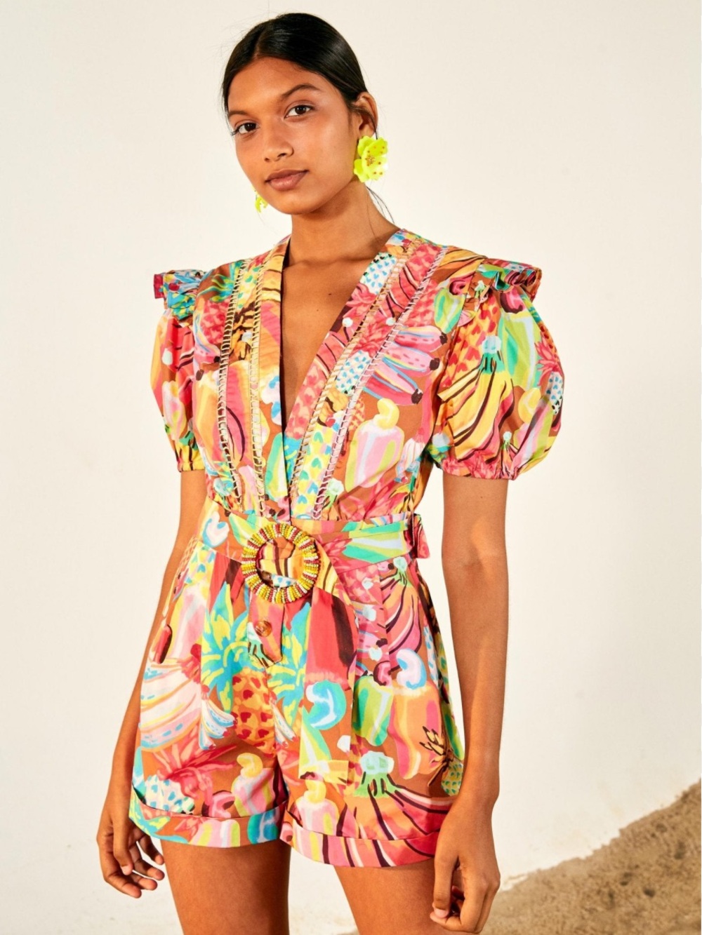 FARM Rio Tropical Fruit Print Puff Sleeve Romper Size XS Multicolor - Picture 6 of 7